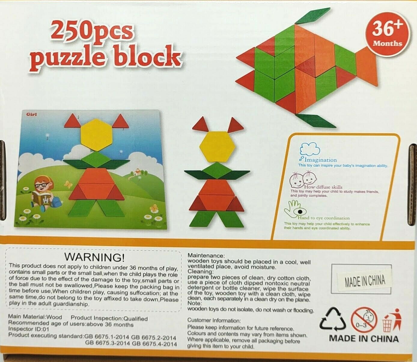 Wooden Pattern Blocks Set 250 Pcs Montessori Tangram Geometric Shape Puzzle