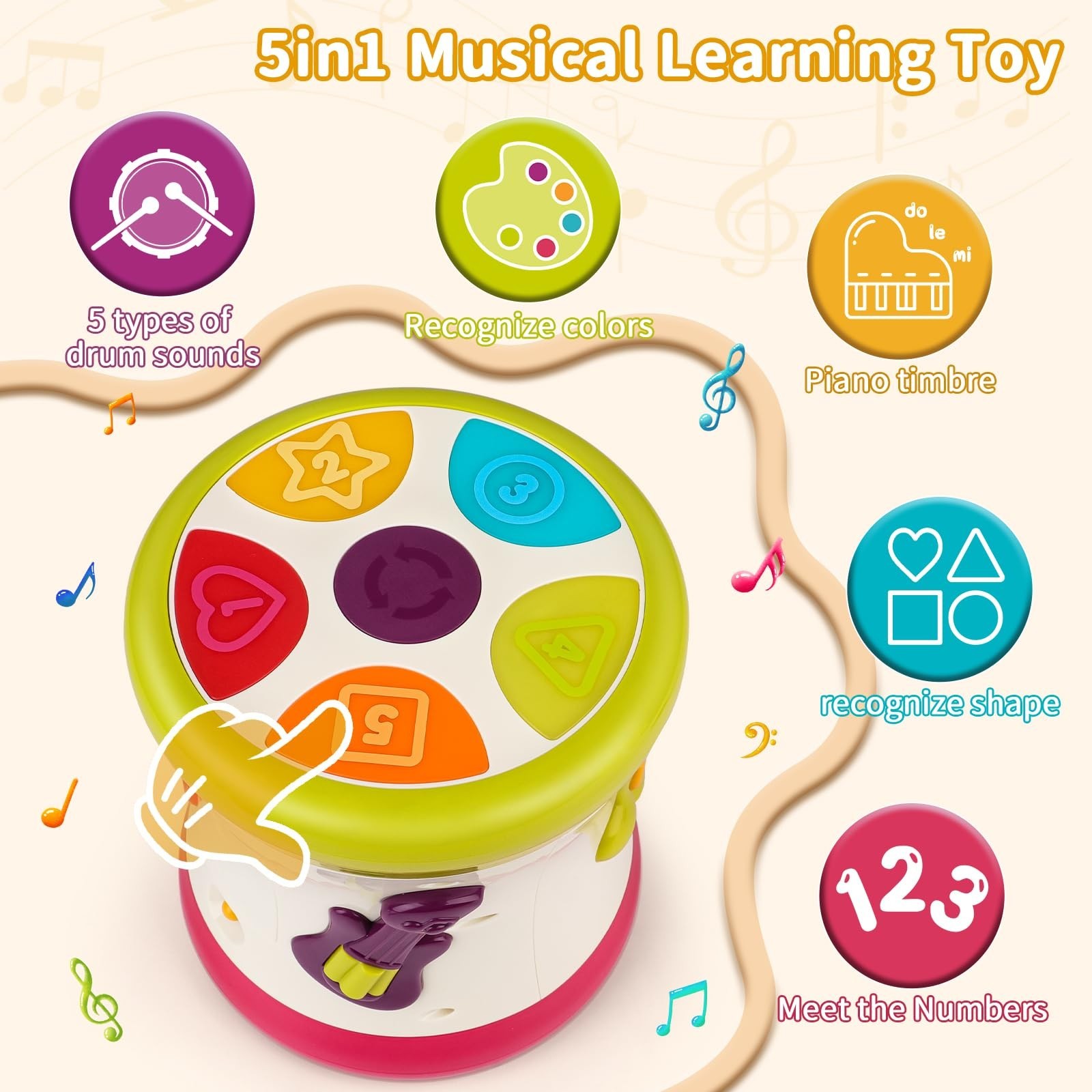 5 in 1 Baby Toy 0-6 Months Musical Early Learning Toy Drum for 1 Year Old…