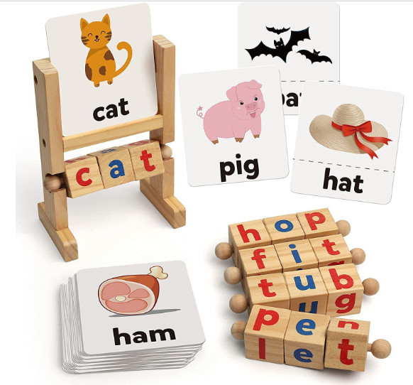 Coogam Wooden Reading Blocks Short Vowel Rods Spelling Games, Flash Cards Turnin