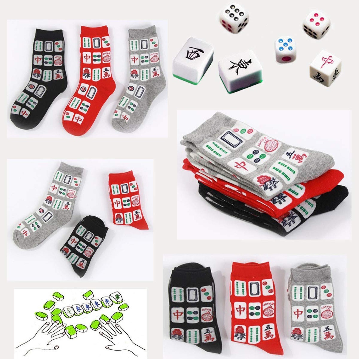 Creative Mah Jong Print Novelty Cotton Crew Socks 3 Pairs for Men Women 6-12
