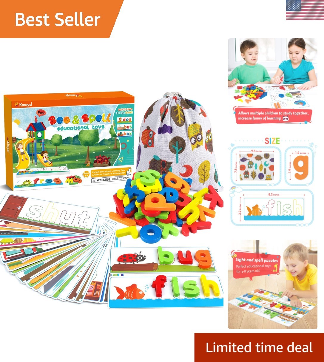 28 Flash Cards & 52 Wooden Blocks – Educational See & Spell Toy for Kids