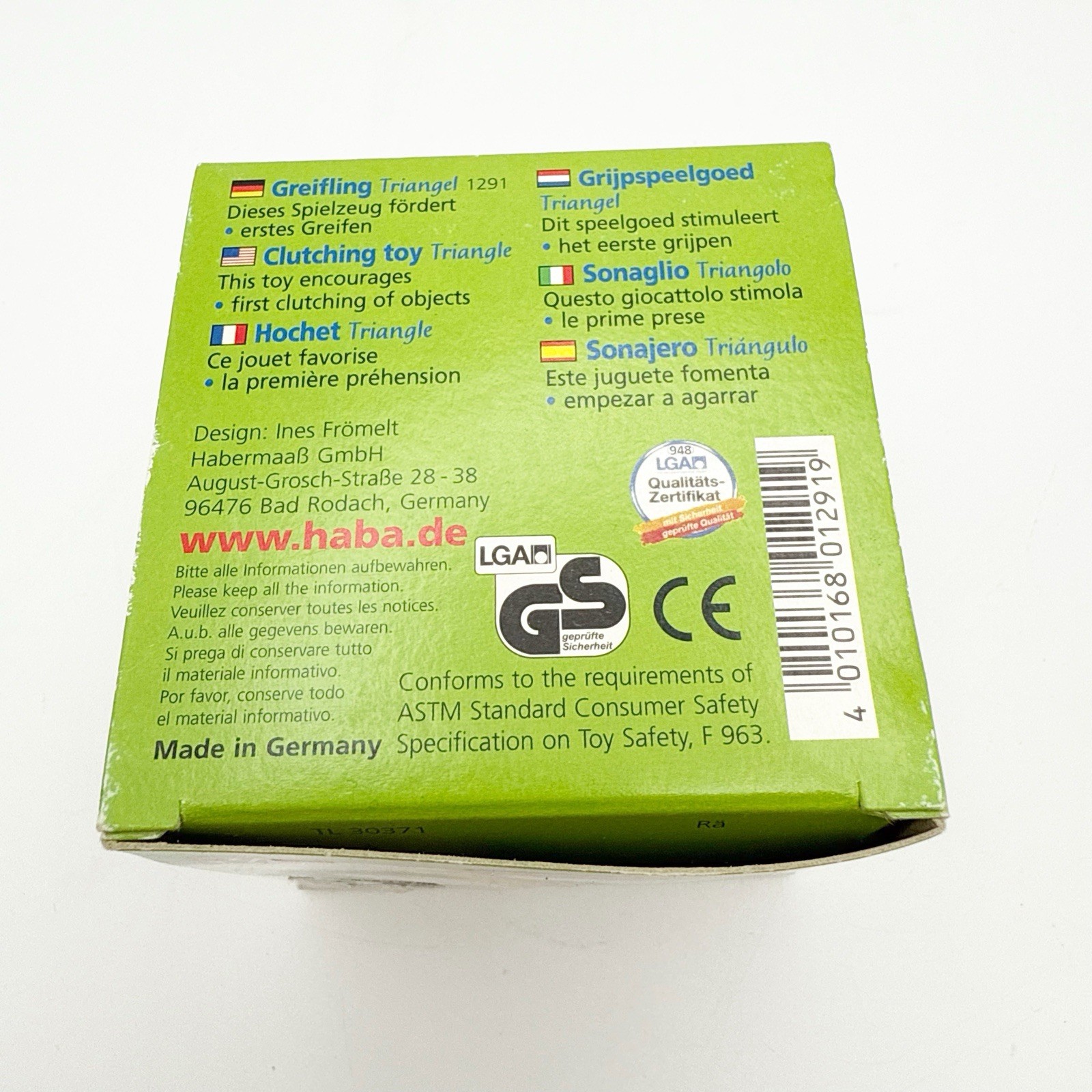 HABA INFANT GREIFLING Triangle CLUTCHING TOY, QUALITY MADE GERMANY 1291