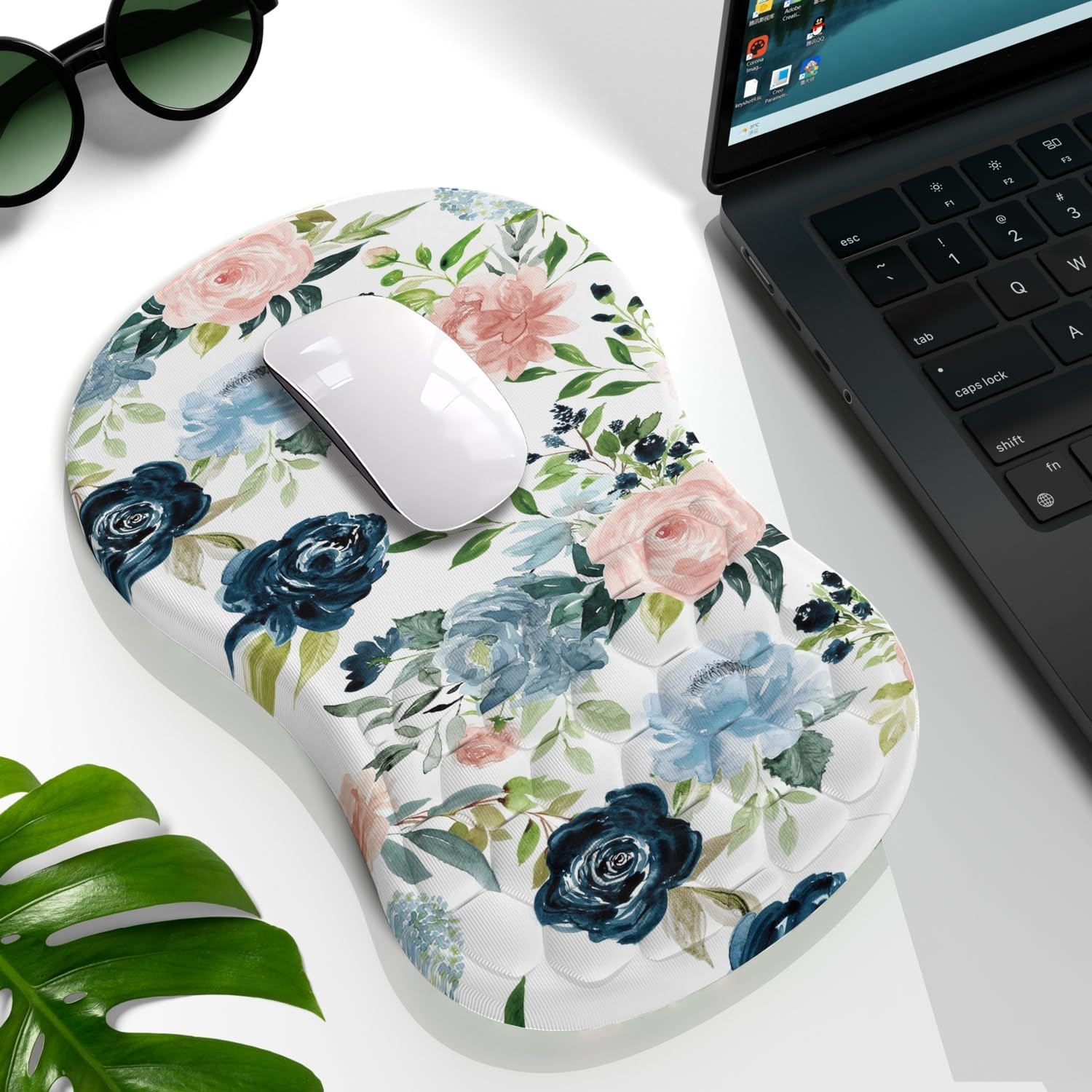 Plant Flowers Rose Leaf Mouse Pad With Wrist Support, Blue Pink Kawai Ergonom…