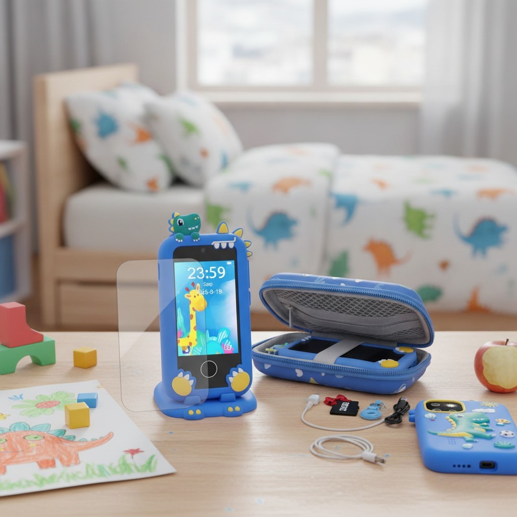 Dinosaur Kids Phone Toddler Learning Toy w/ 32GB Card Dual Camera Dino Bag