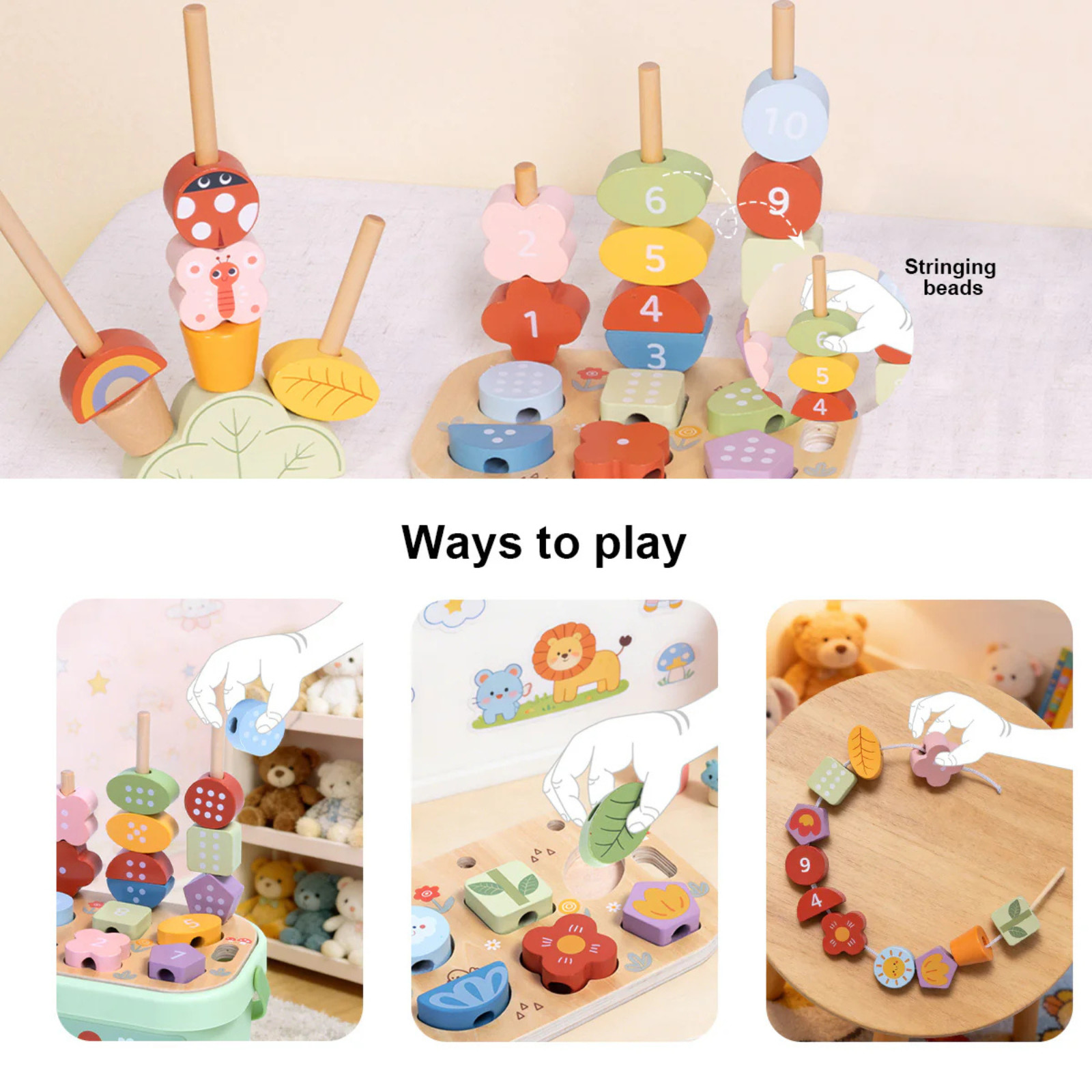 Wooden Stacking Beads Game Toddler Montessori Learning Toy with Storage Box