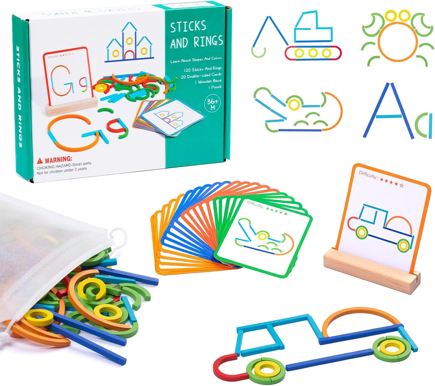 142pcs Wooden Pattern Blocks Montessori Smart Sticks Wooden Tangram Puzzle STEM