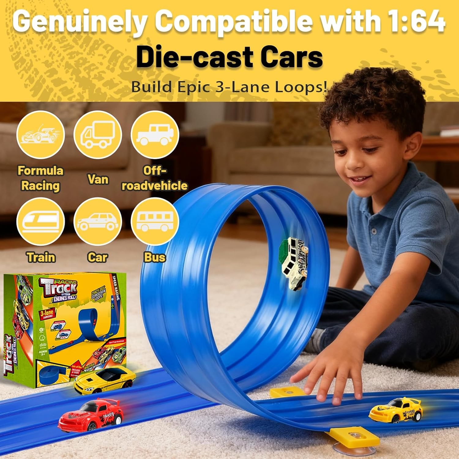 3-Lane Flexible Race Track 20FT DIY Racetrack Kids Hot Wheels Compatible