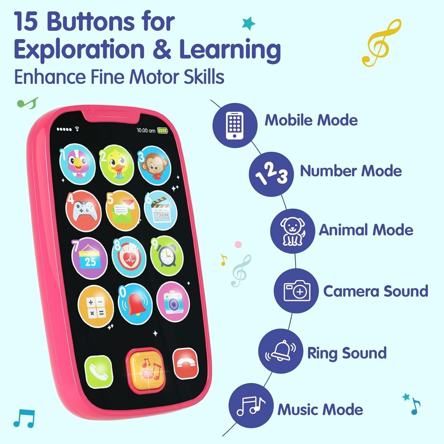 BABYFUNY Toys for 1 Year Old Girl Gifts, 15 Functions Phone Small, Pink