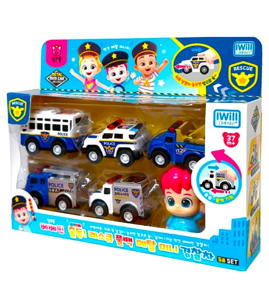 Pinkfong Bebefinn Rescue Police Metal Mini Car 5p Set Pullback Diecast Toy
