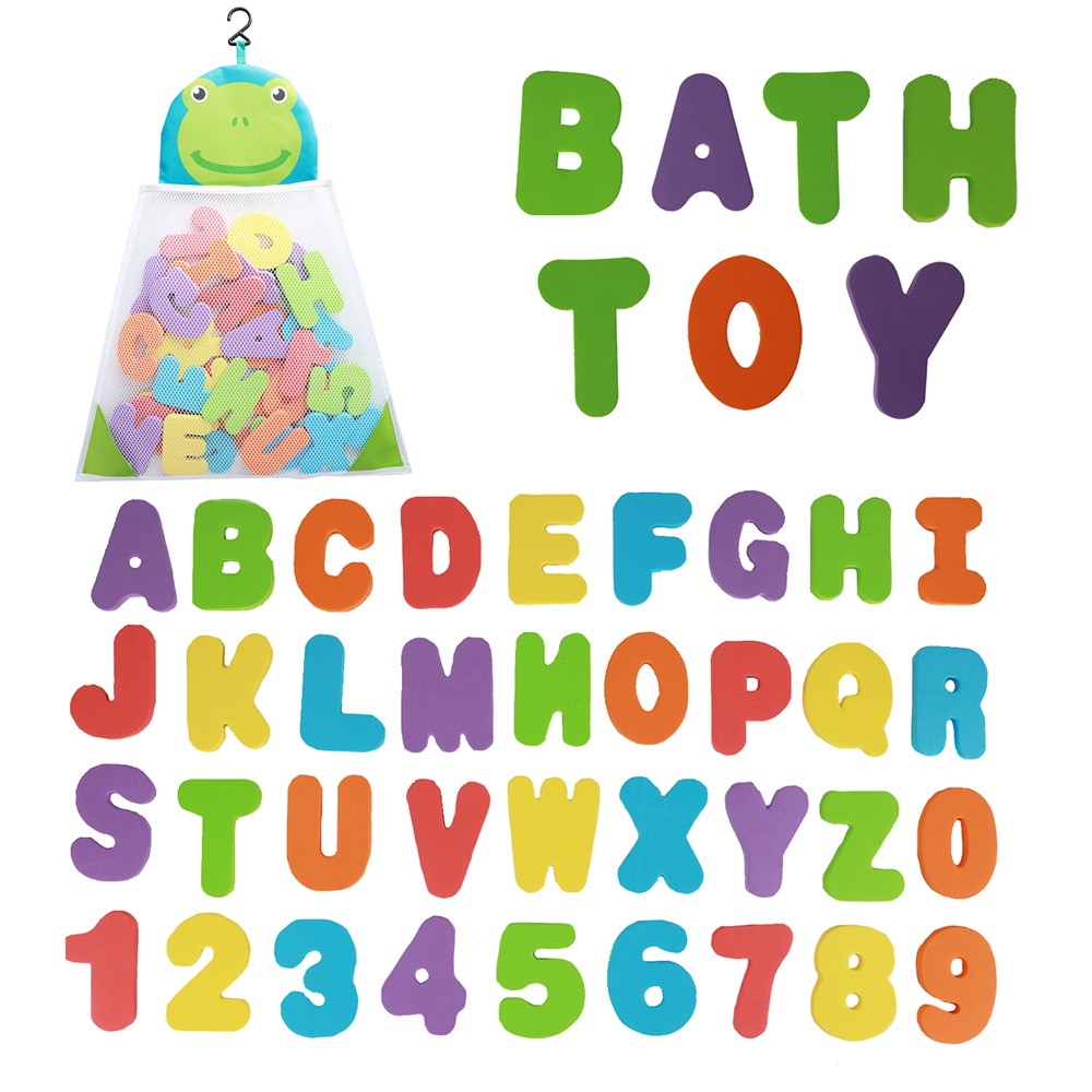 Kids Bath Letters and Numbers, 36 Pcs Foam Set with Mesh Storage Bag, Wet Stick