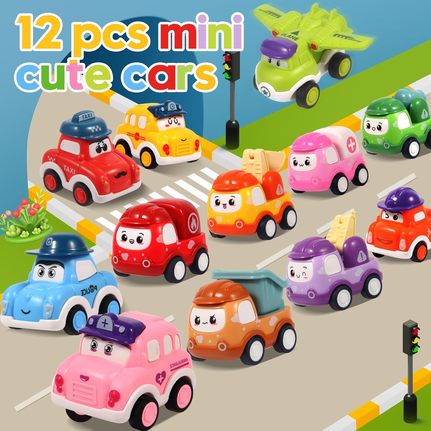 12 Pcs Pull Back Cars Set Toys for 1 2 3 Year Toddlers, Baby Car Toys for 6-12-1