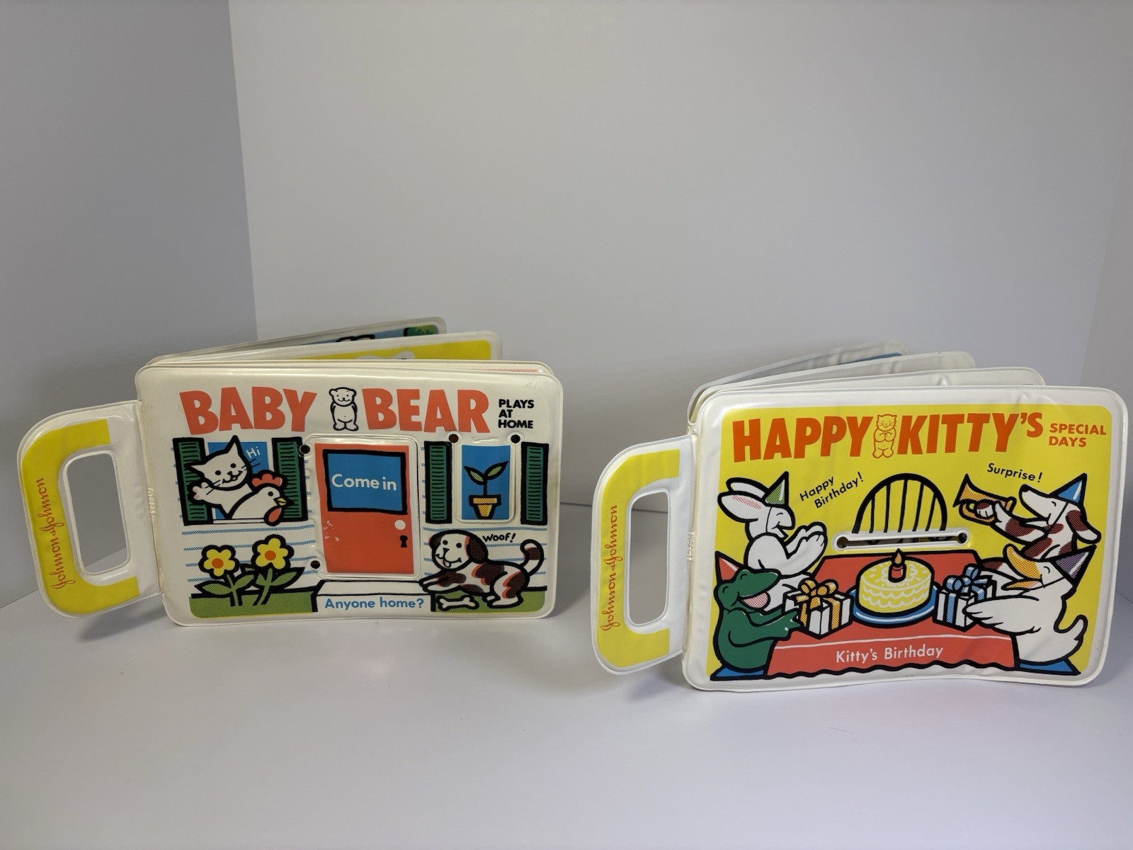 Two Vintage Johnson & Johnson Baby Bear Plays At Home Vinyl Book Bath 1982 Used