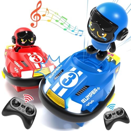 2 Pack Cute Cartoon Remote Control Bumper Car for Toddlers-Mini RC Red+Blue