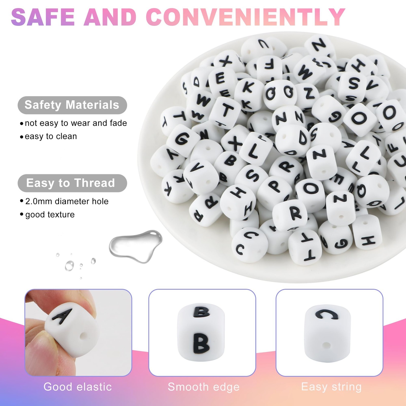 130Pcs 12mm White Square Silicone Letter Beads A-Z, Cube Alphabet Silicone Be…