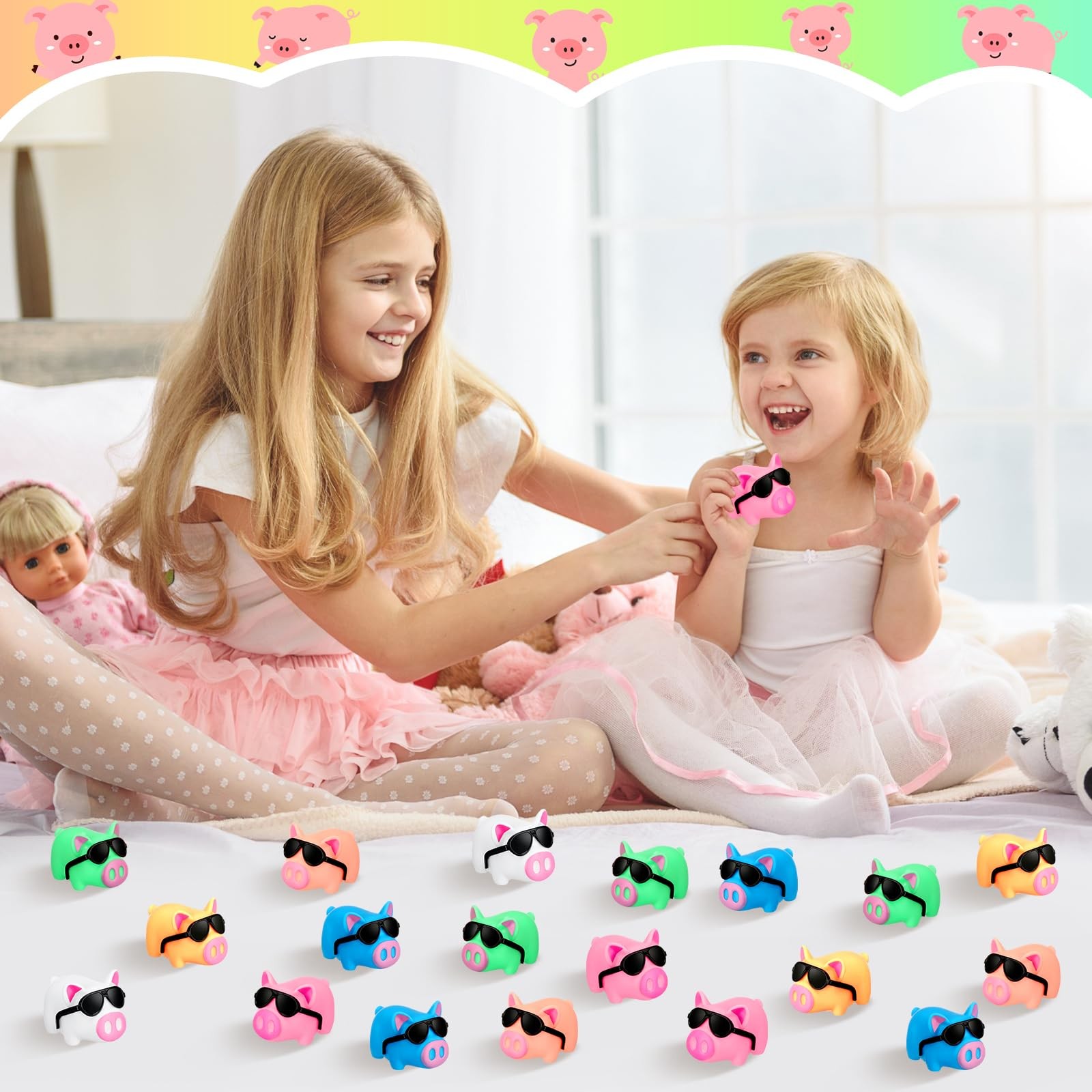 Syhood 150 Packs Mini Rubber Pigs Sunglasses Sets Pig Bath Toy Bulk Squeaky