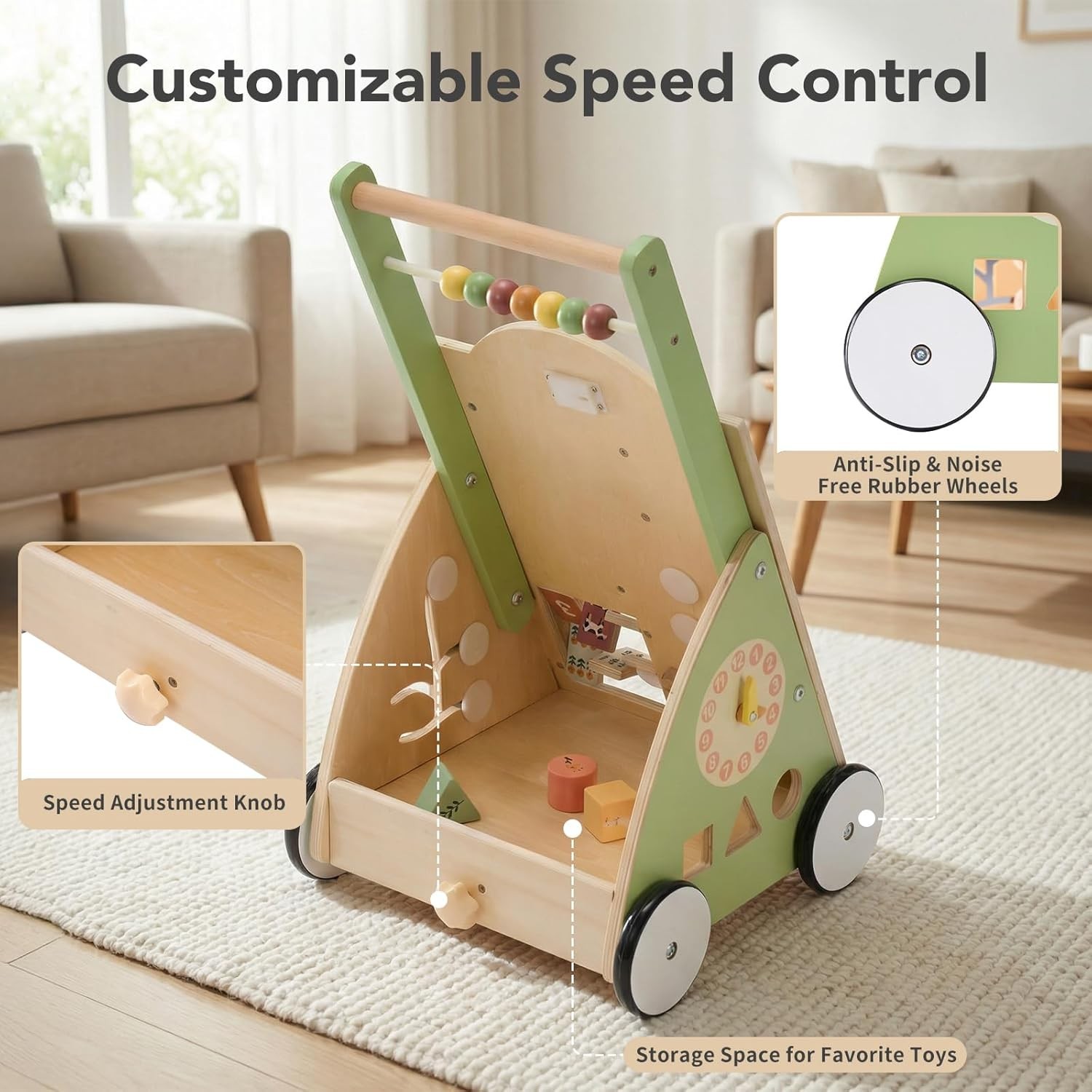 edx Wood Baby Walker Activity Center Montessori Push Toy Wheel Speed Adjustable
