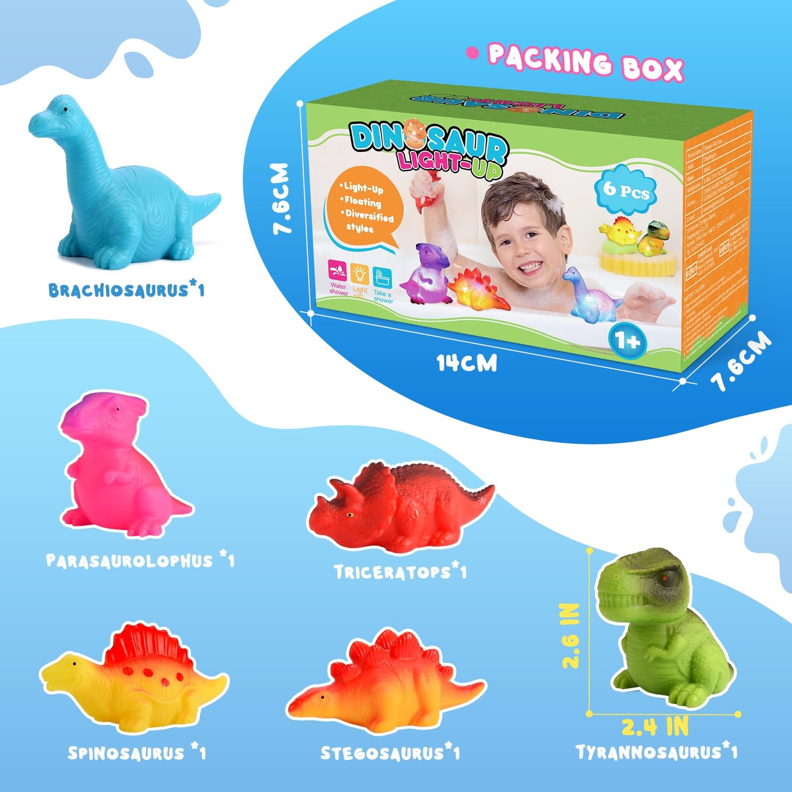 Baby Bath Toys for Toddlers 1-5, 6 Packs Light Up Floating Dinosaur Small