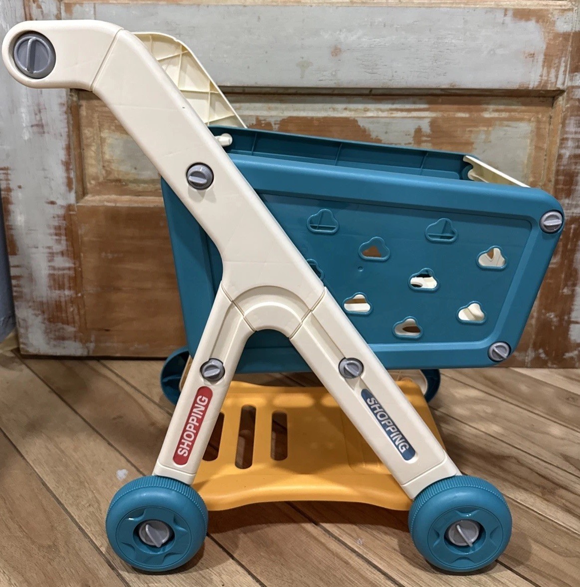 Funny Happy Shopping Cart Kids Pretend Play Toy Grocery Cart 18″ Blue White