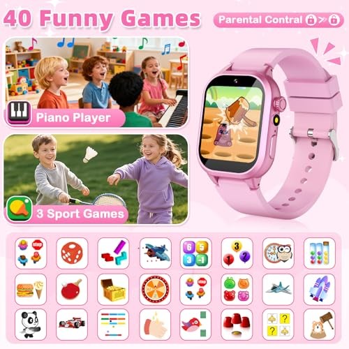 Kids Smart Watch Girls Gift for Girl Aged 5-12, 40 Games HD TouchScreen PINK