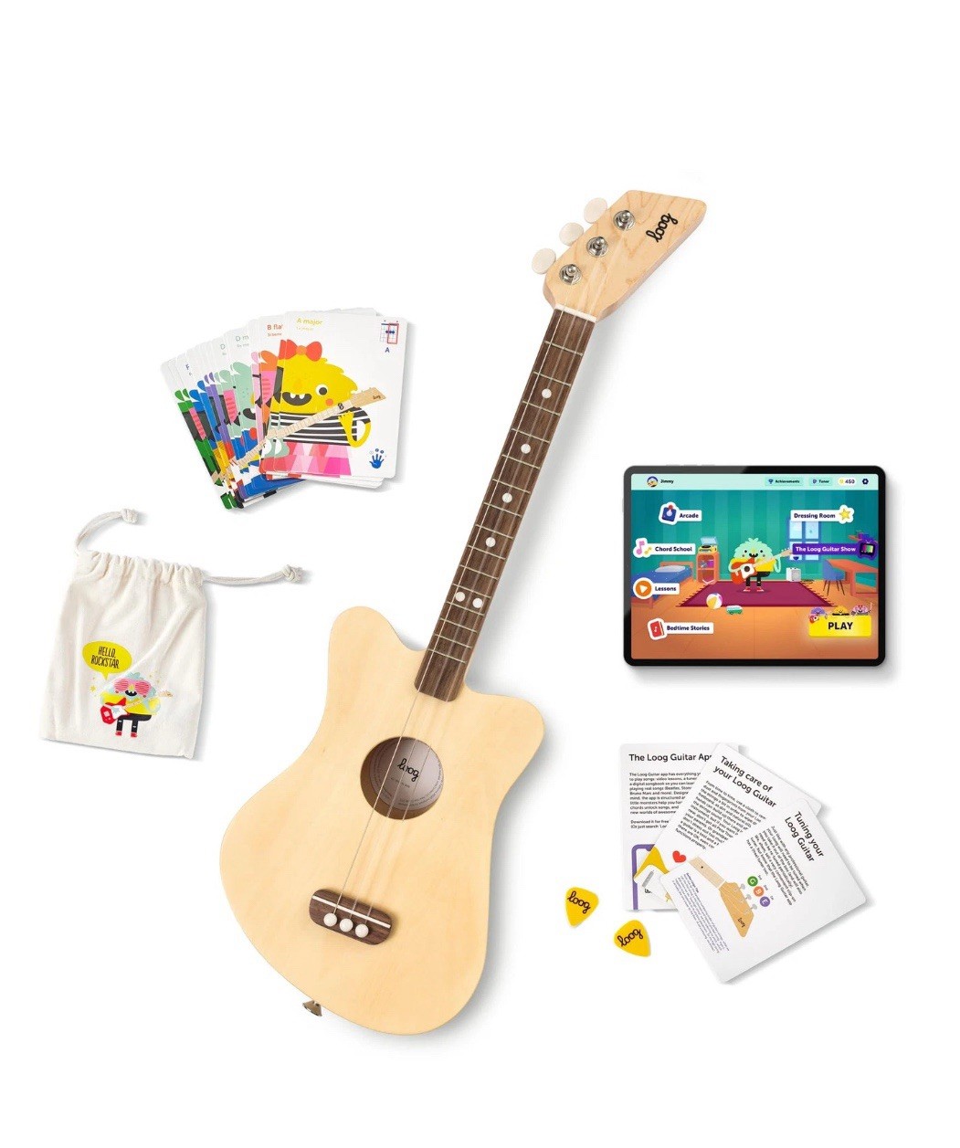 N Loog Mini Acoustic kids Guitar for Beginners 3-strings Ages 3+ Learning app a
