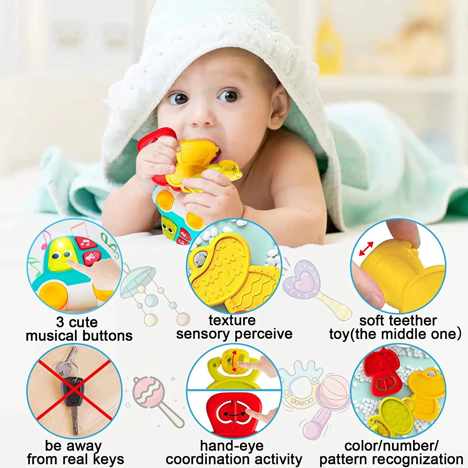 HOLA Baby Light Up Keys Toys Musical Car Keychain Rattle Toy 9 + Months Infant
