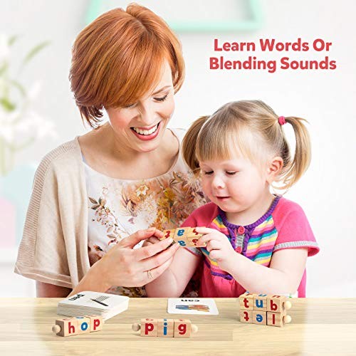 Coogam Wooden Reading Blocks Short Vowel Rods Spelling Games, Flash Cards Turnin