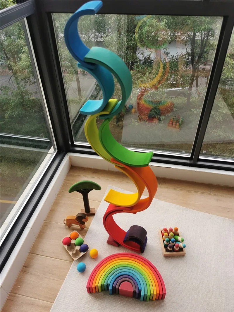 Wooden Rainbow Arch Stacking Blocks Montessori Sorting Peg Dolls Kids Toy