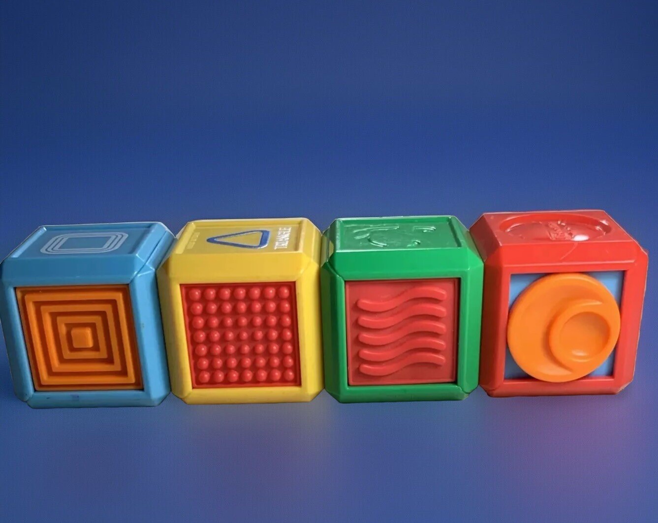 FISHER PRICE 4 Blocks Activity Cubes Tactile Toys Stack Shapes Clean Colorful