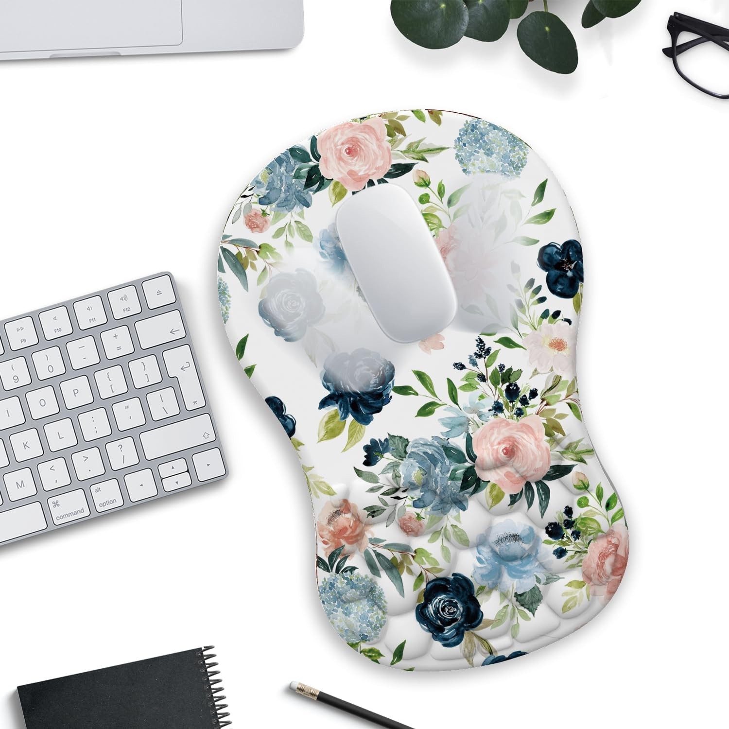 Plant Flowers Rose Leaf Mouse Pad With Wrist Support, Blue Pink Kawai Ergonom…