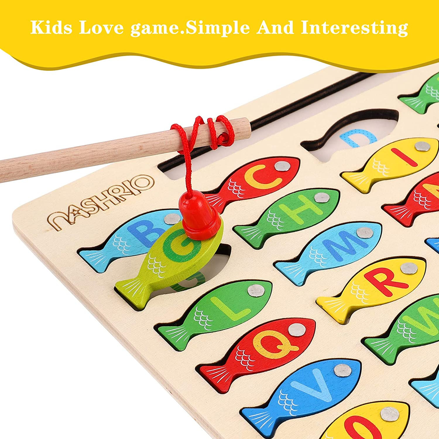 Magnetic Wooden Fishing Game for Toddlers, ABC & Numbers Puzzle, Educational Toy