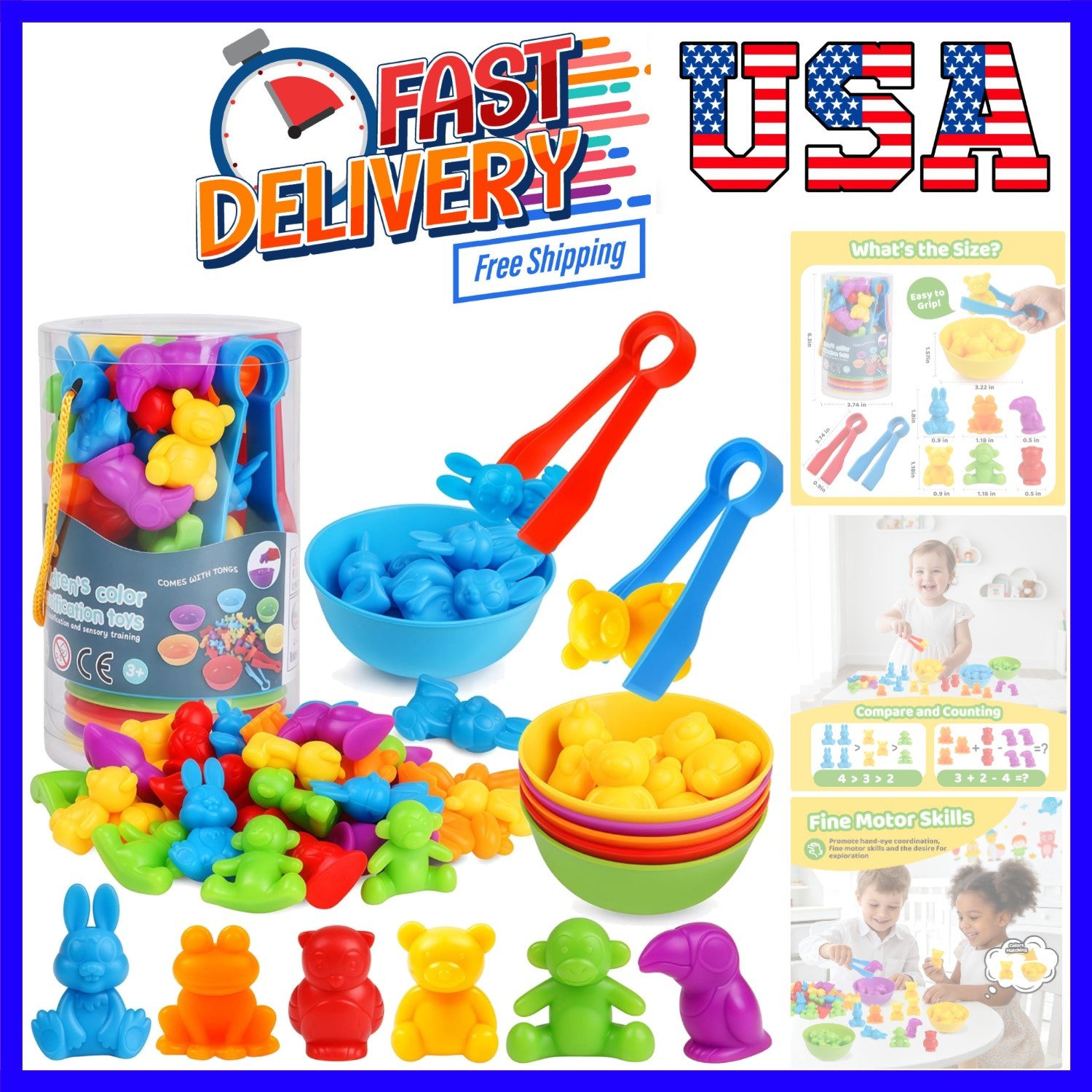 Counting Animals Color Sorting Matching Games with Sorting Bowls Montessori S…