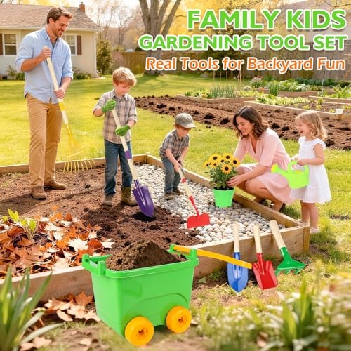 FHOZGECY Kids Gardening Set with Wheelbarrow, Metal Gardening Tools with