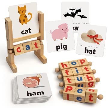 Coogam Wooden Reading Blocks Short Vowel Rods Spelling Games, Flash Cards Turnin