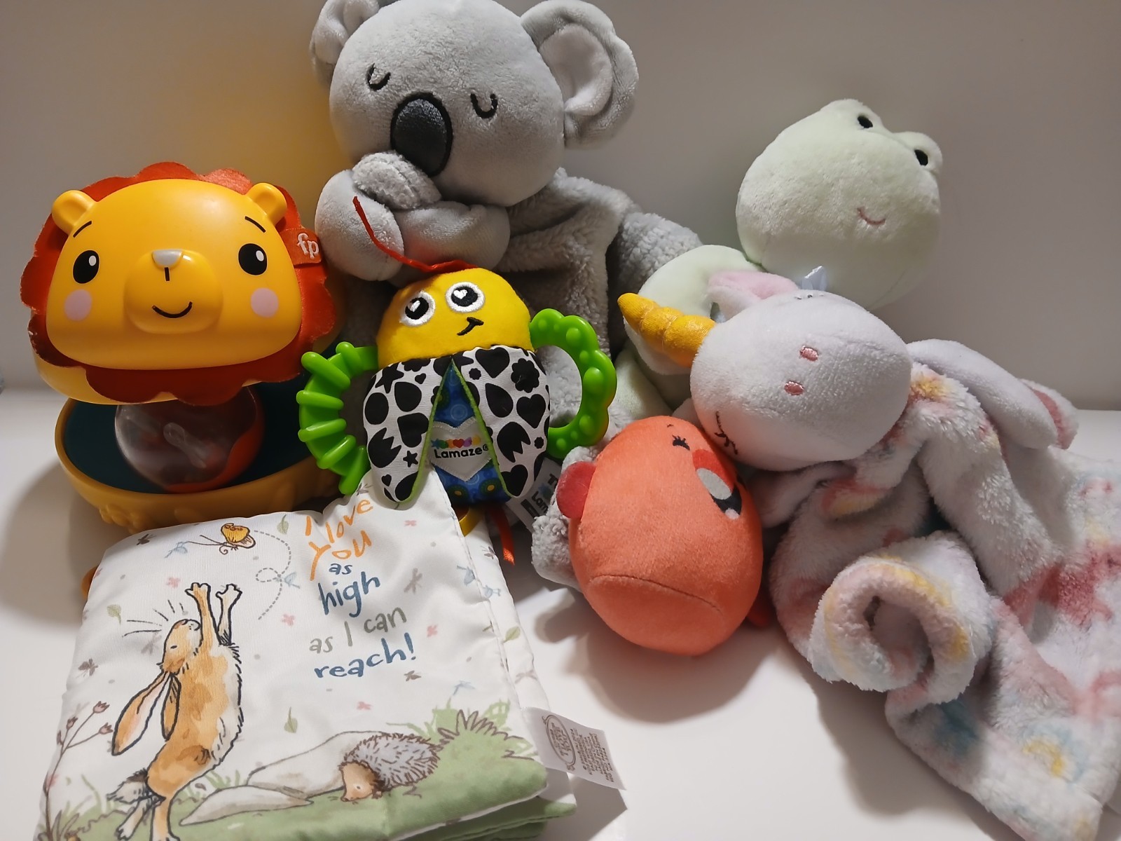 6pc Infant Baby Sensory Toy Lot Including FP Bat And Wobble Lion +5