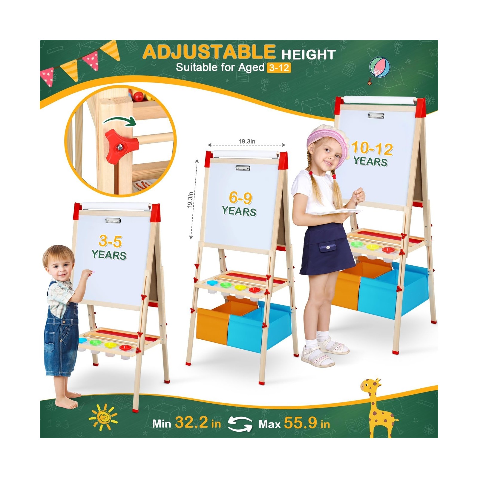Easel for Kids,3 in 1 Adjustable Kids Art Drawing Easel Set,130+ Ar… Fast Ship