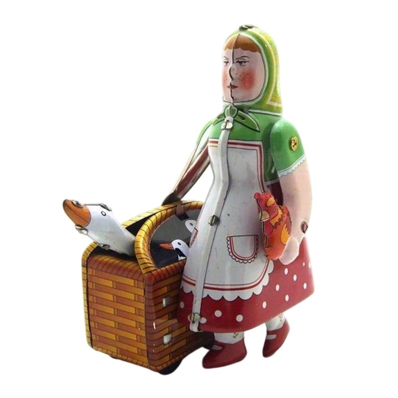 Handcrafted Russian Peasant Woman WindingUp Tinplate Figurine Toy For Collectors
