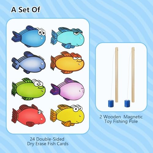 Magnetic Fishing Game, 24 Dry Erase Fish and 2 Wooden Toy Fishing Pole Sight
