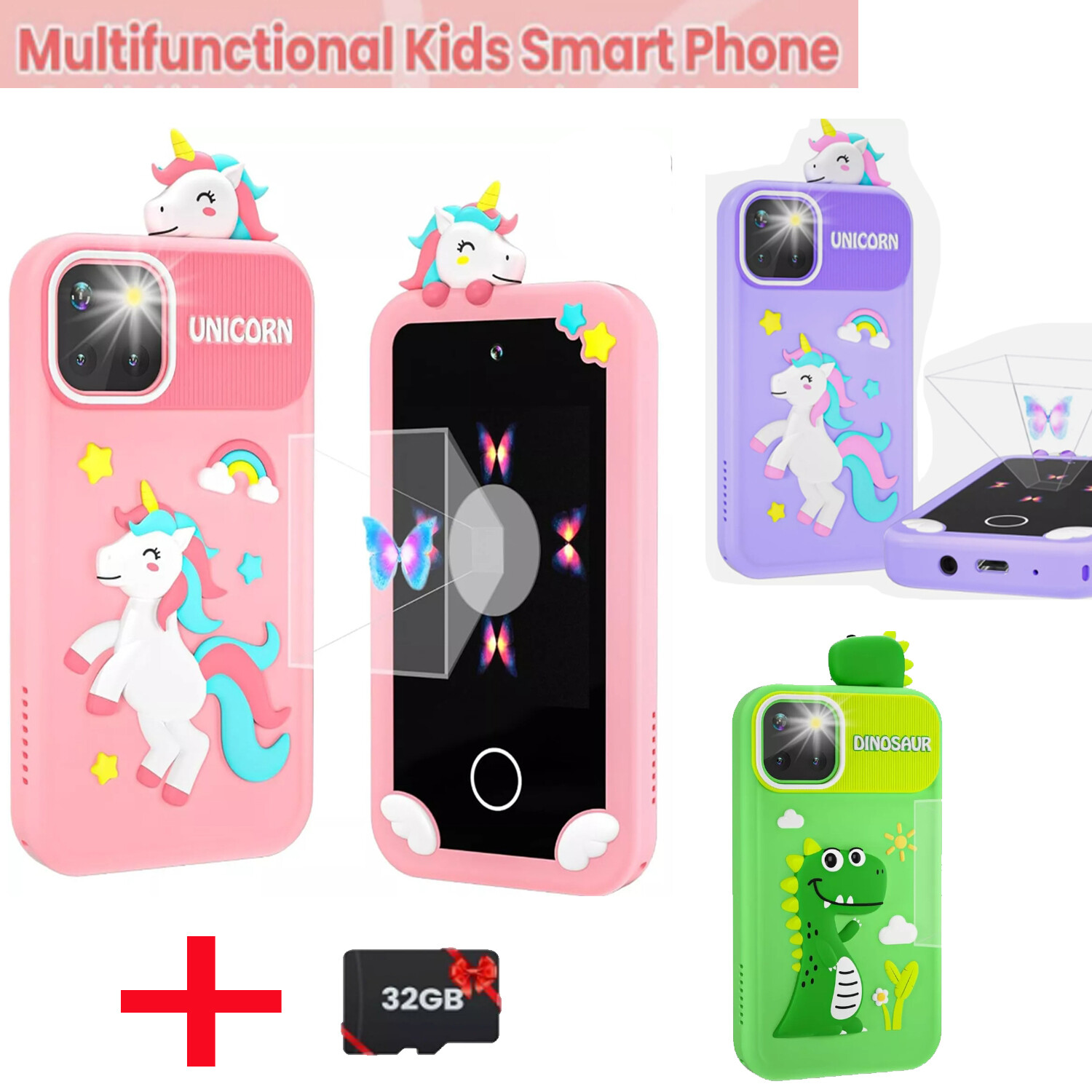 Kids Smart Phone for Girls with Holographic Pyramid ,32G Card fr 3-10 Boys Girls