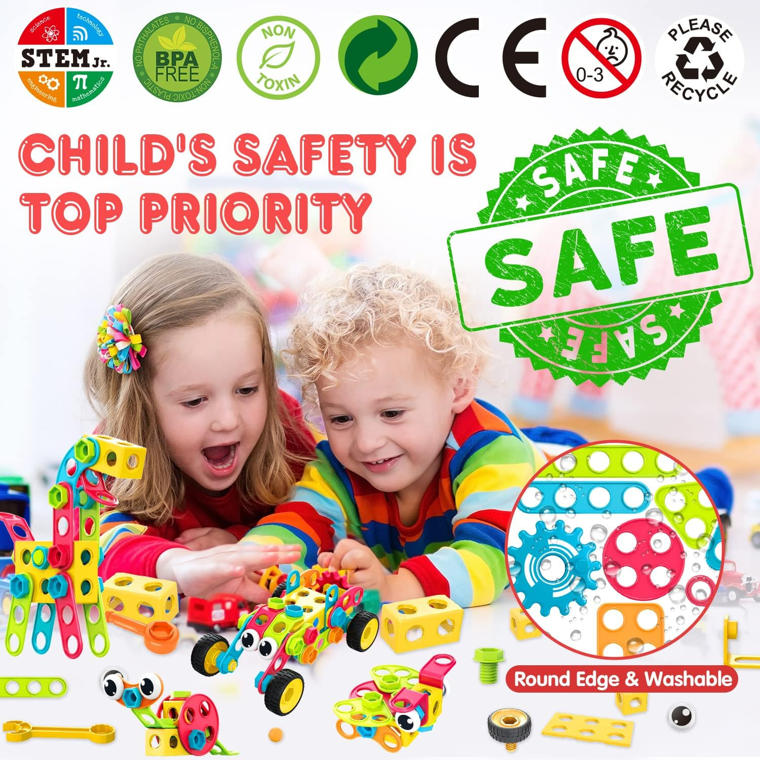 195 PCS STEM Building Blocks Toy Set for Kids Ages 3-10, Educational Constructio