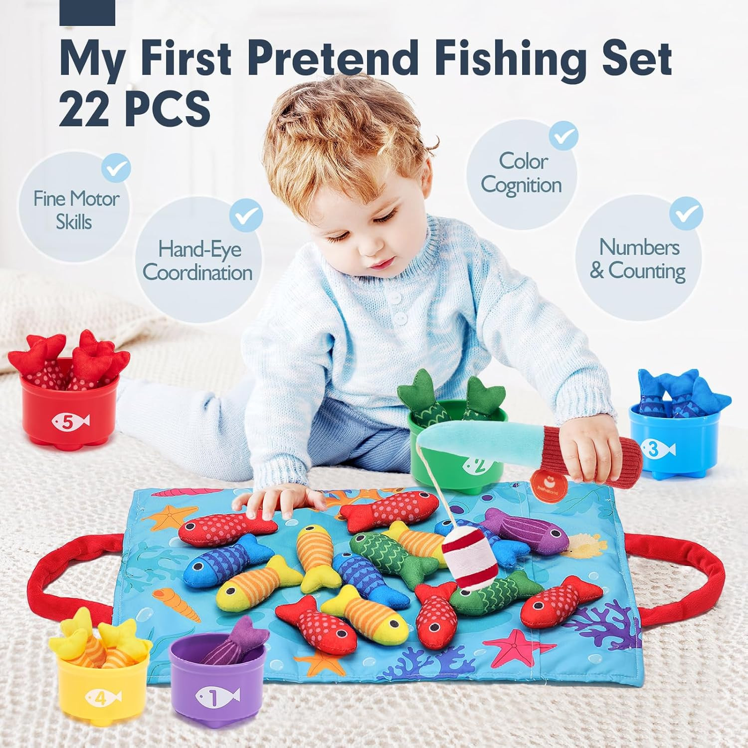 Montessori Toys for 1 Year Old Boy Girl Birthday Gift – 10 in 1 Cloth Fishing Ga
