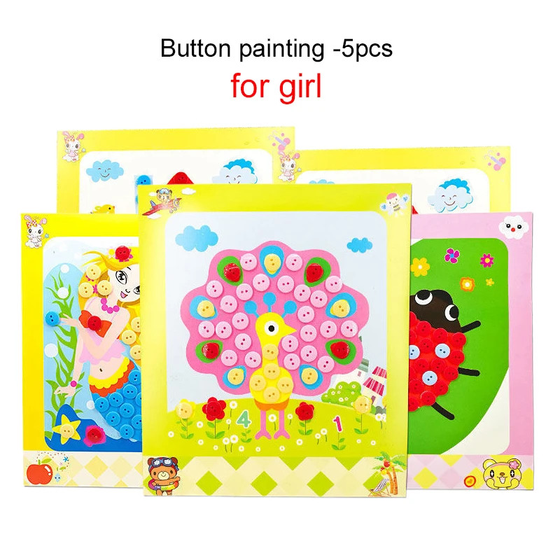 Children Handmade DIY Toys Button/Pompom/Diamond Stickers Drawing Toy Puzzle