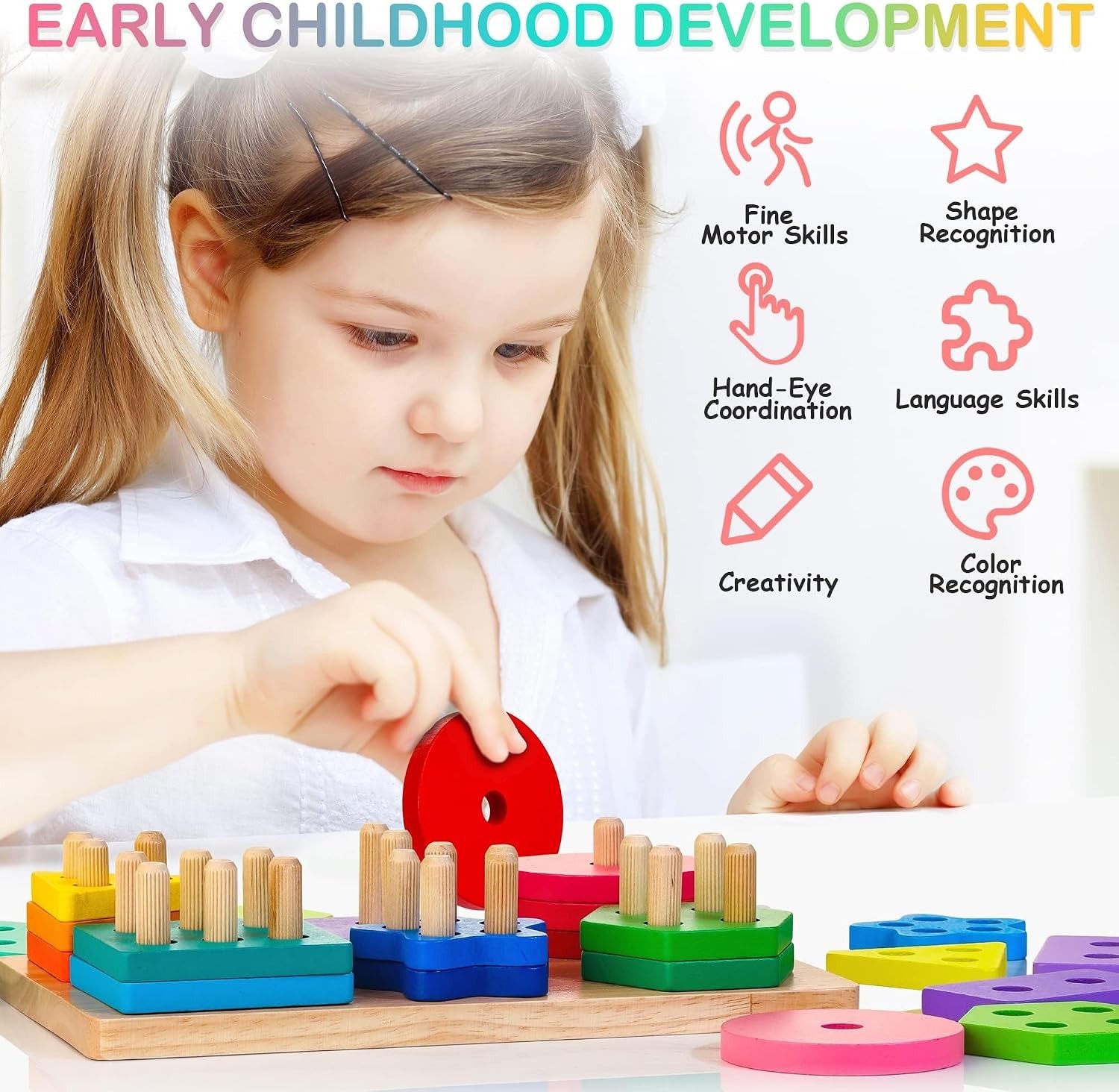 24-Piece Rainbow Stacking Toys with Shapes & Word Cards for Toddlers 12+