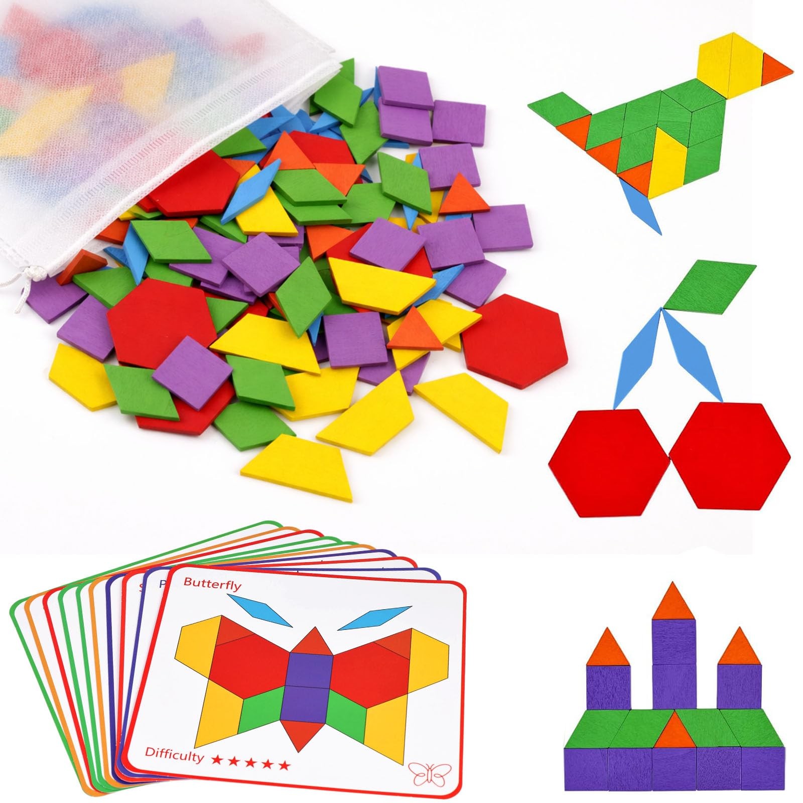 Wooden Pattern Blocks Set for Kids, Geometric Shapes with Learning Cards, 150…