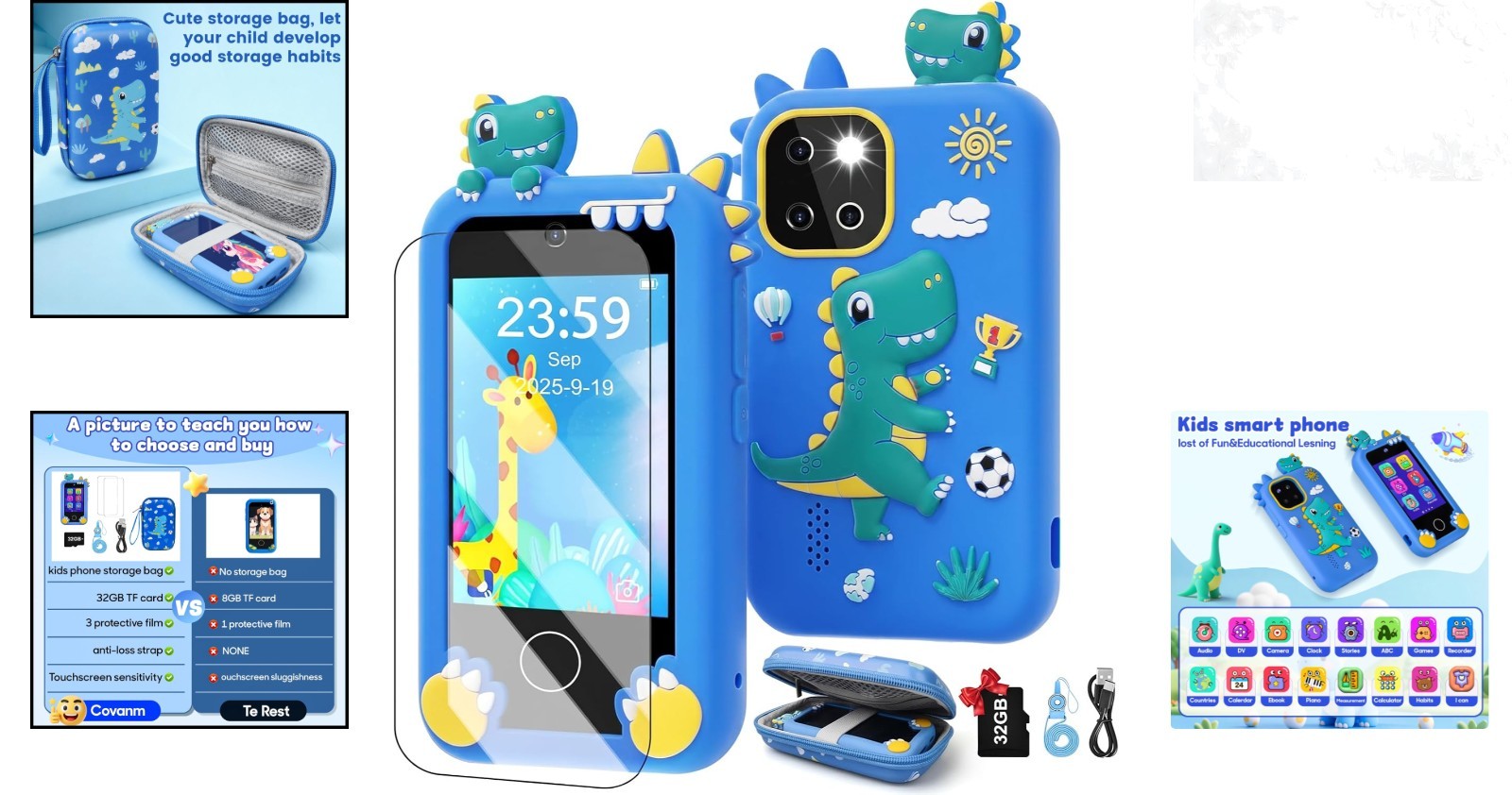 Dinosaur Kids Phone Toddler Learning Toy w/ 32GB Card Dual Camera Dino Bag
