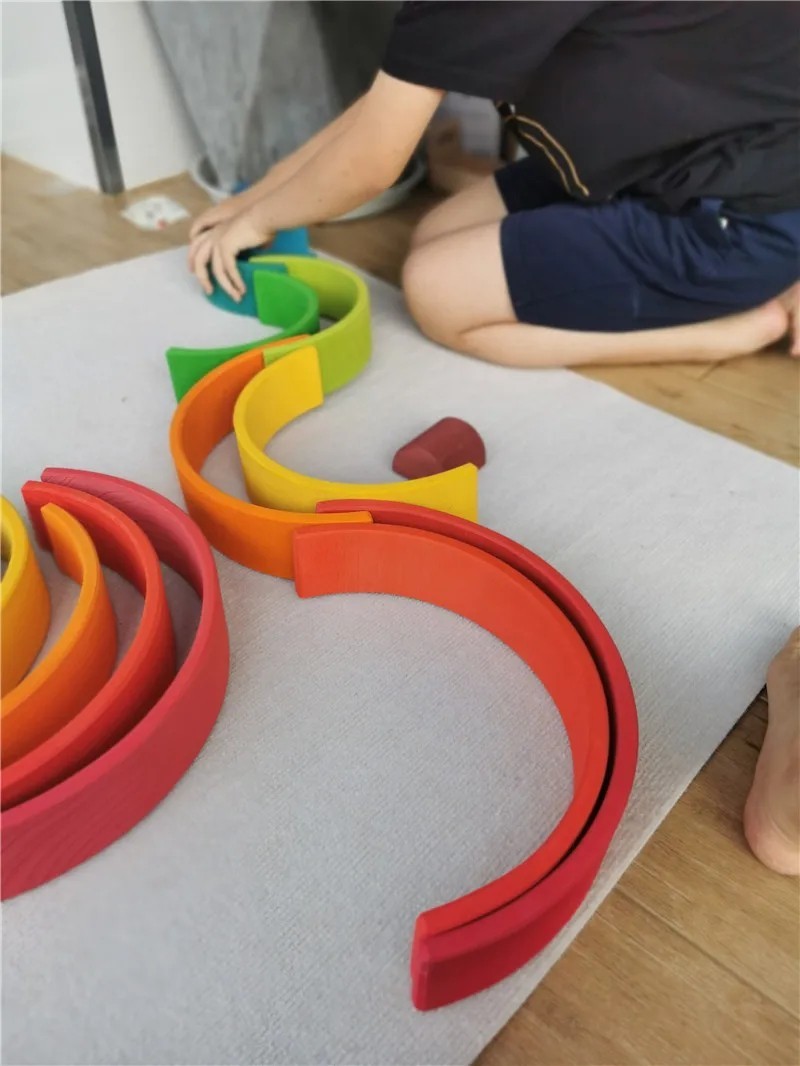 Wooden Rainbow Arch Stacking Blocks Montessori Sorting Peg Dolls Kids Toy
