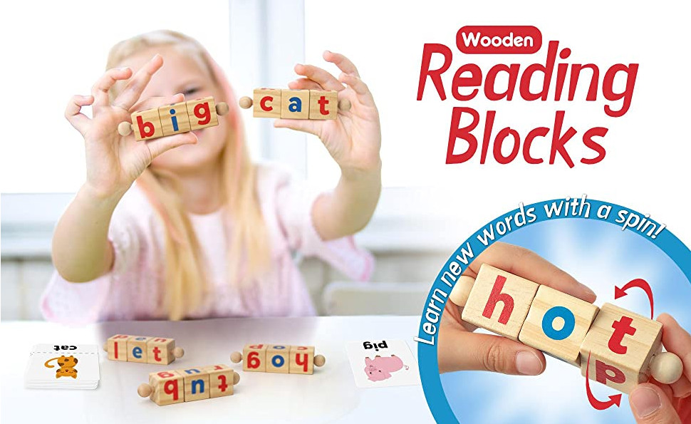 Coogam Wooden Reading Blocks Short Vowel Rods Spelling Games, Flash Cards Turnin