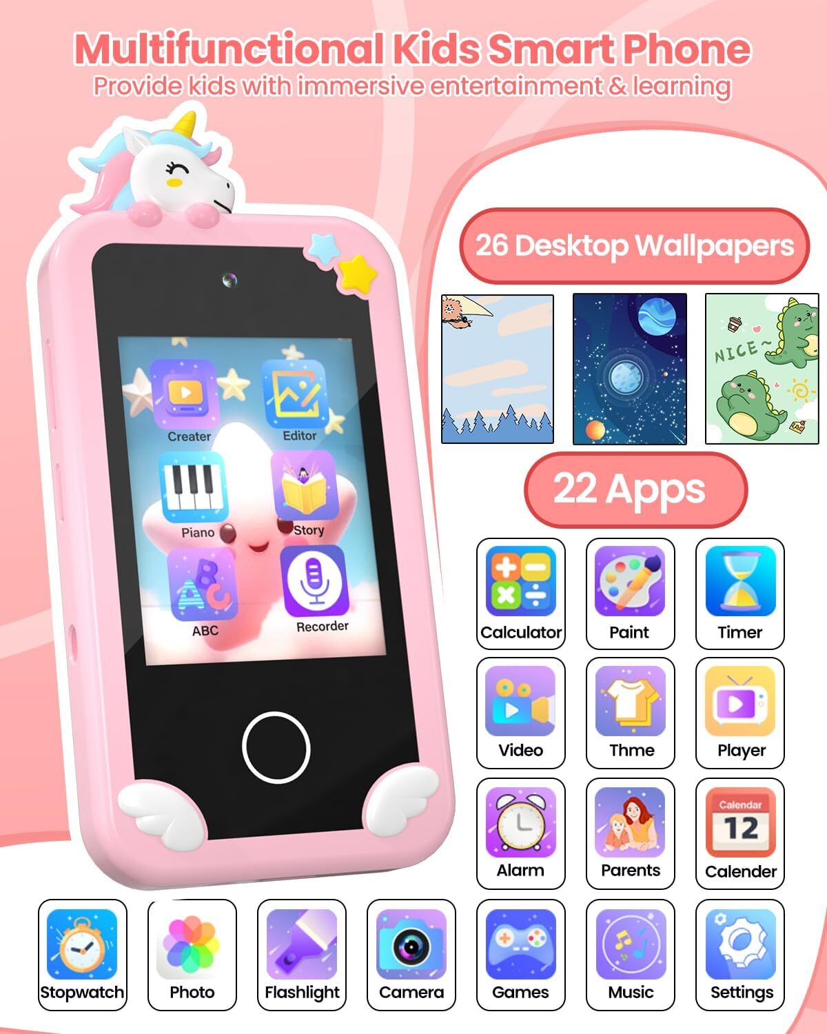 Kids Smart Phone for Girls with Holographic Pyramid ,32G Card fr 3-10 Boys Girls