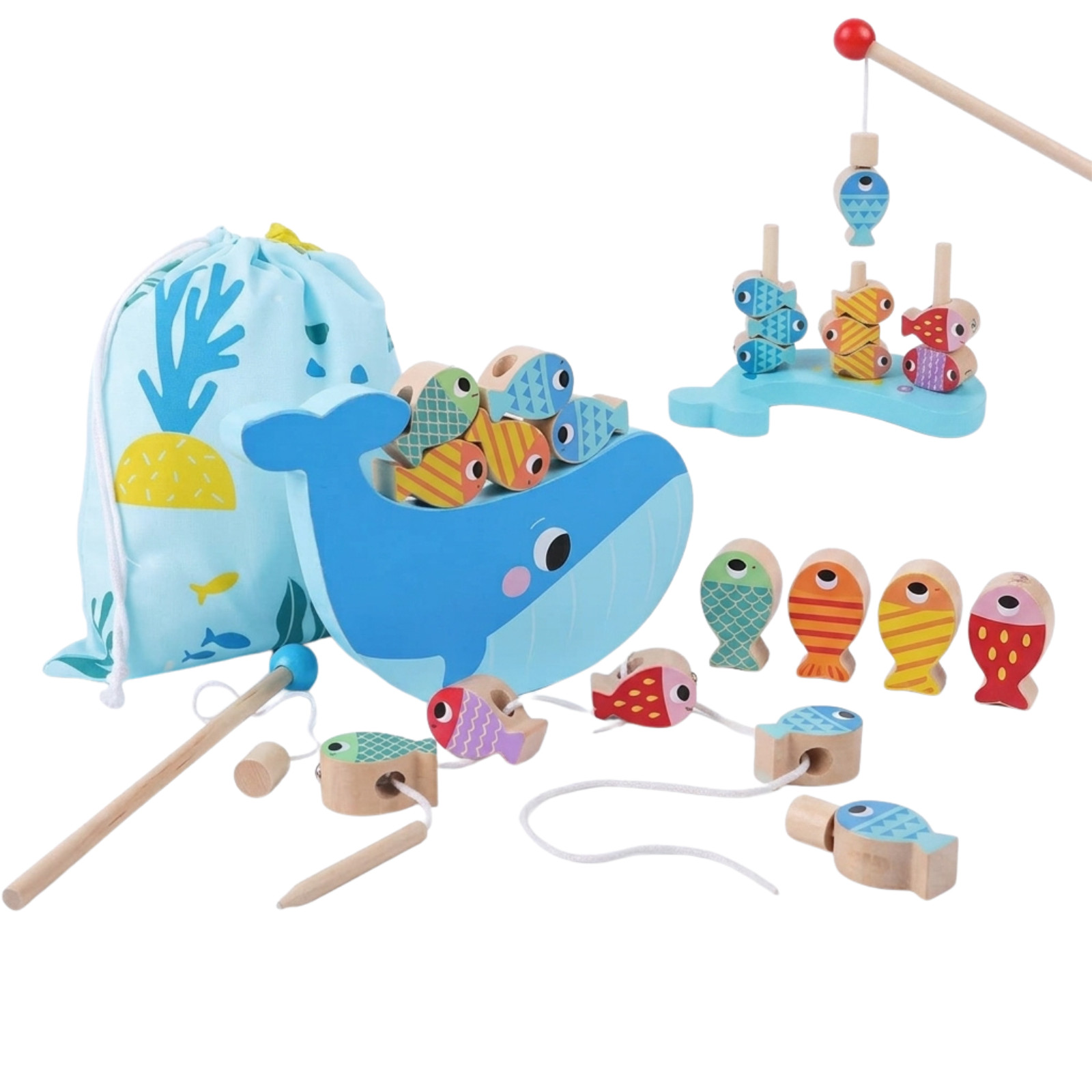 Wooden Magnetic Fishing Game Whale Toy Toddler Learning Montessori Toy Set