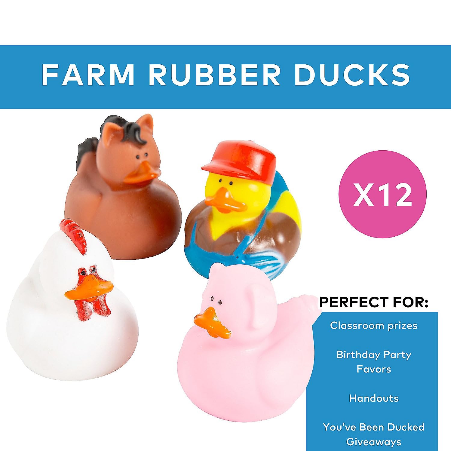 Farm Rubber Ducks, Duckies, 12 Pieces, Birthday Parties, Treasure 2 inches