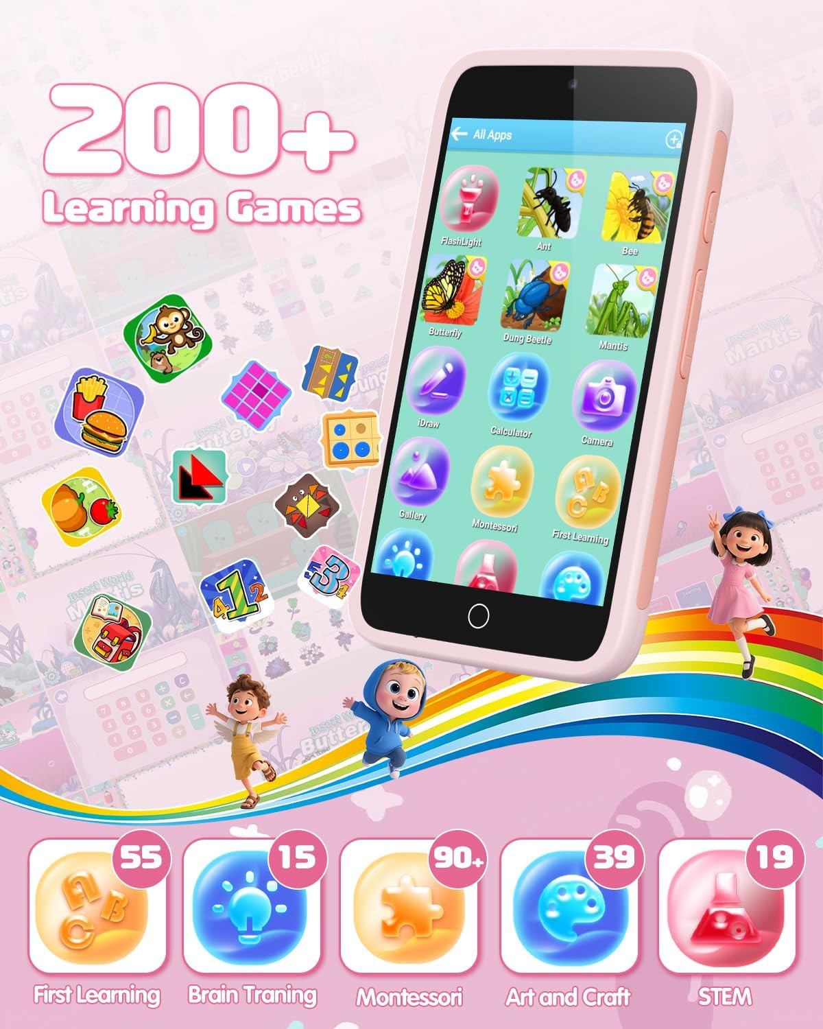Kids Smart Toy Phone, Dual Camera with Stickers, 3.97″ Touchscreen Learning Toy